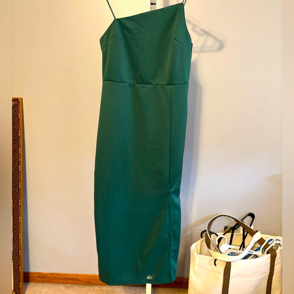 Womens hunter green spaghetti strap dress medium high low at neck